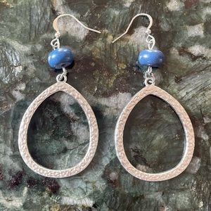 Silver Dangle Oval Earring with Blue Bead Accent